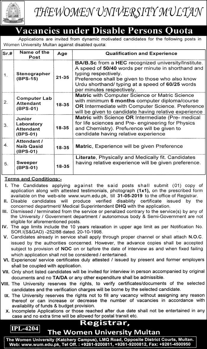 Women University Multan Jobs 2019 for Stenographer & Lab Staff