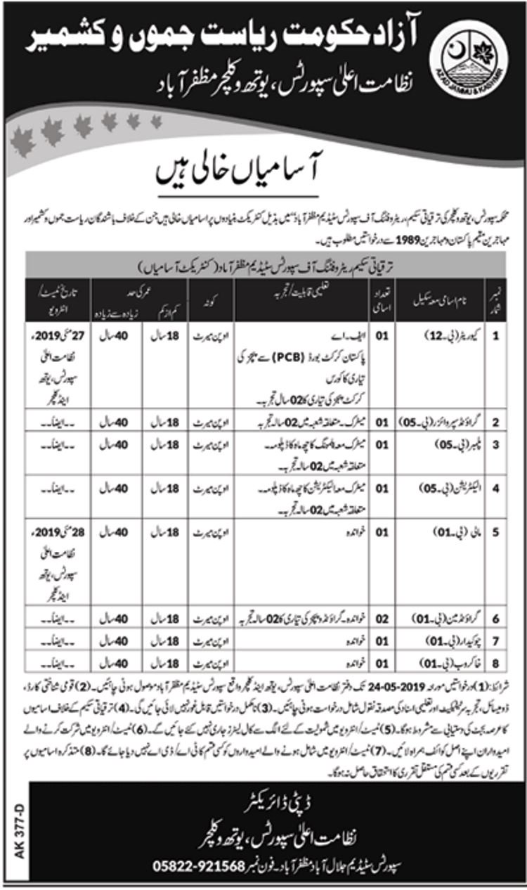 Sports, Youth & Culture Directorate AJK Jobs 2019 for Ground Supervisor, Curator & Support Staff