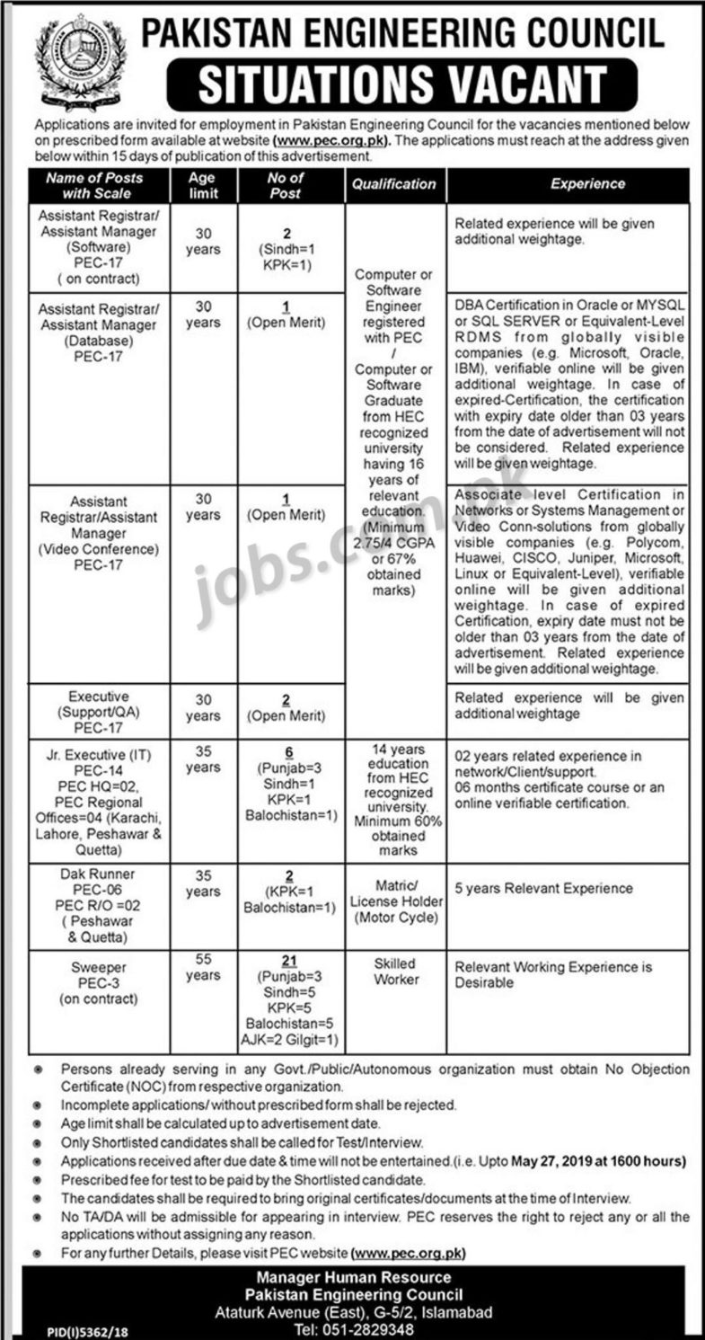 PEC Jobs 2019 for 35+ IT / Executives / Jr Executives & Other Staff