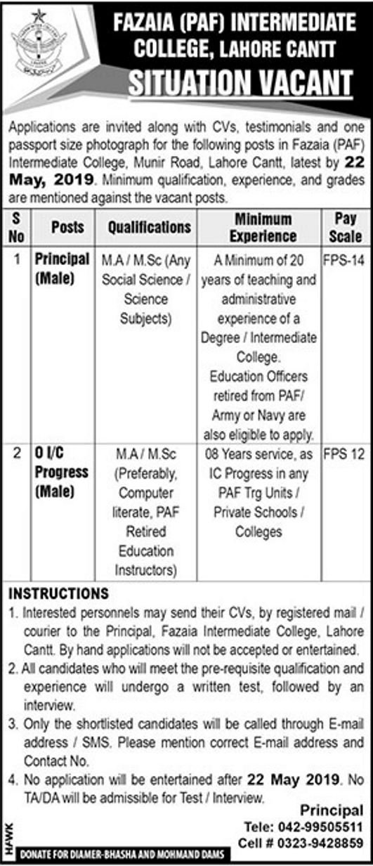 Fazaia / PAF Intermediate College Lahore Jobs 2019 for O IC & Principal Posts