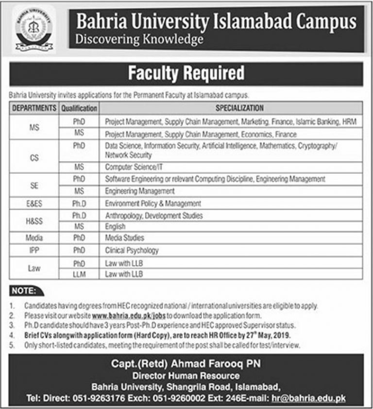Bahria University (Islamabad) Jobs May/2019 for Teaching Faculty