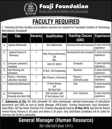 Fauji Foundation Teaching Jobs 2019 Announced at Foundation Institute of Technology