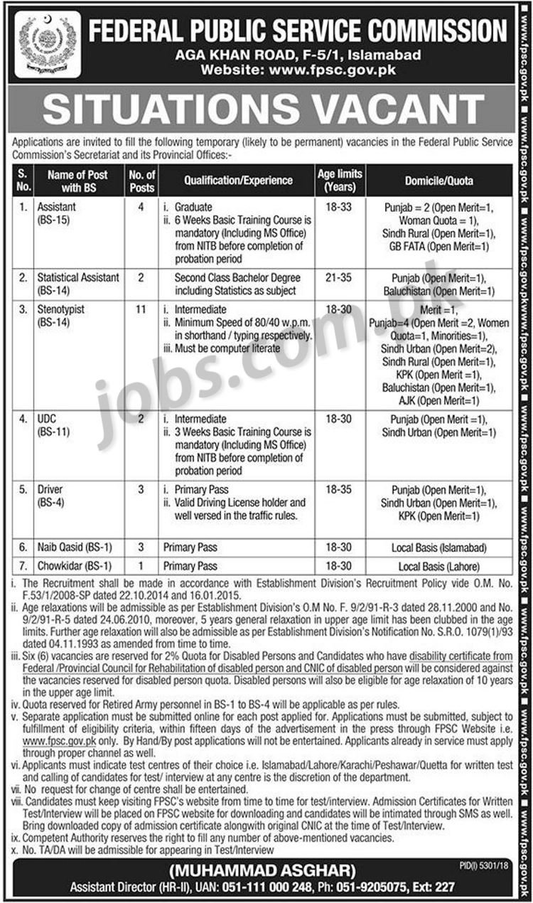 FPSC Secretariat Jobs 2019 for 26+ Assistants, Clerks, Stenotypists, Statistical Assistants & Other Posts (Multiple Cities)
