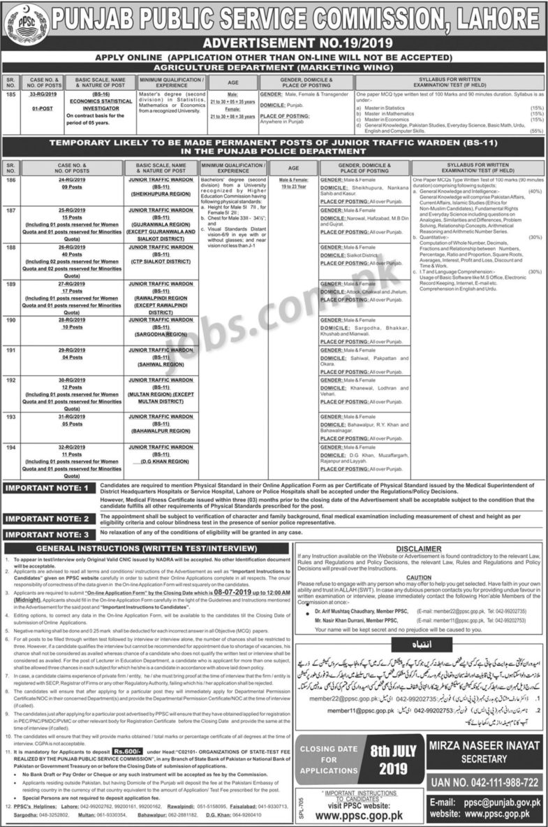 PPSC Jobs (19/2019): 142+ Jr Traffic Wardens & Other Posts In Punjab Public Service Commission (PPSC)