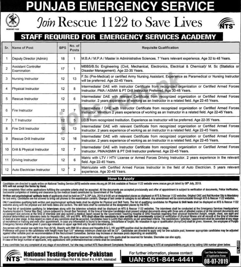 Rescue 1122 Jobs 2019 For 1750+ Admin, EMT, Rescue Drivers, Instructors & Other (Download NTS Form)