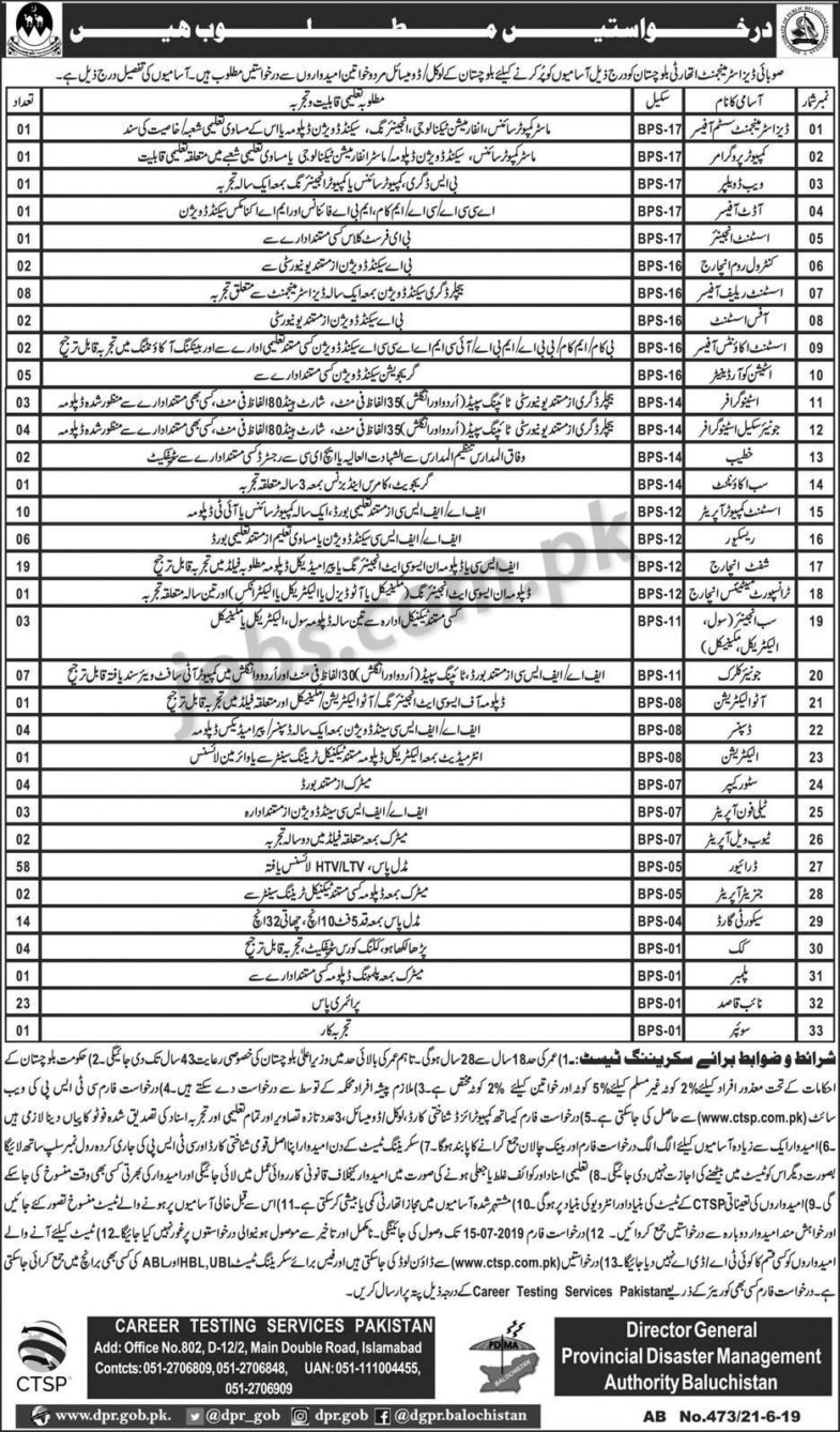 Provincial Disaster Management Authority (PDMA) Balochistan Jobs 2019 For 200+ Posts (Multiple Categories)