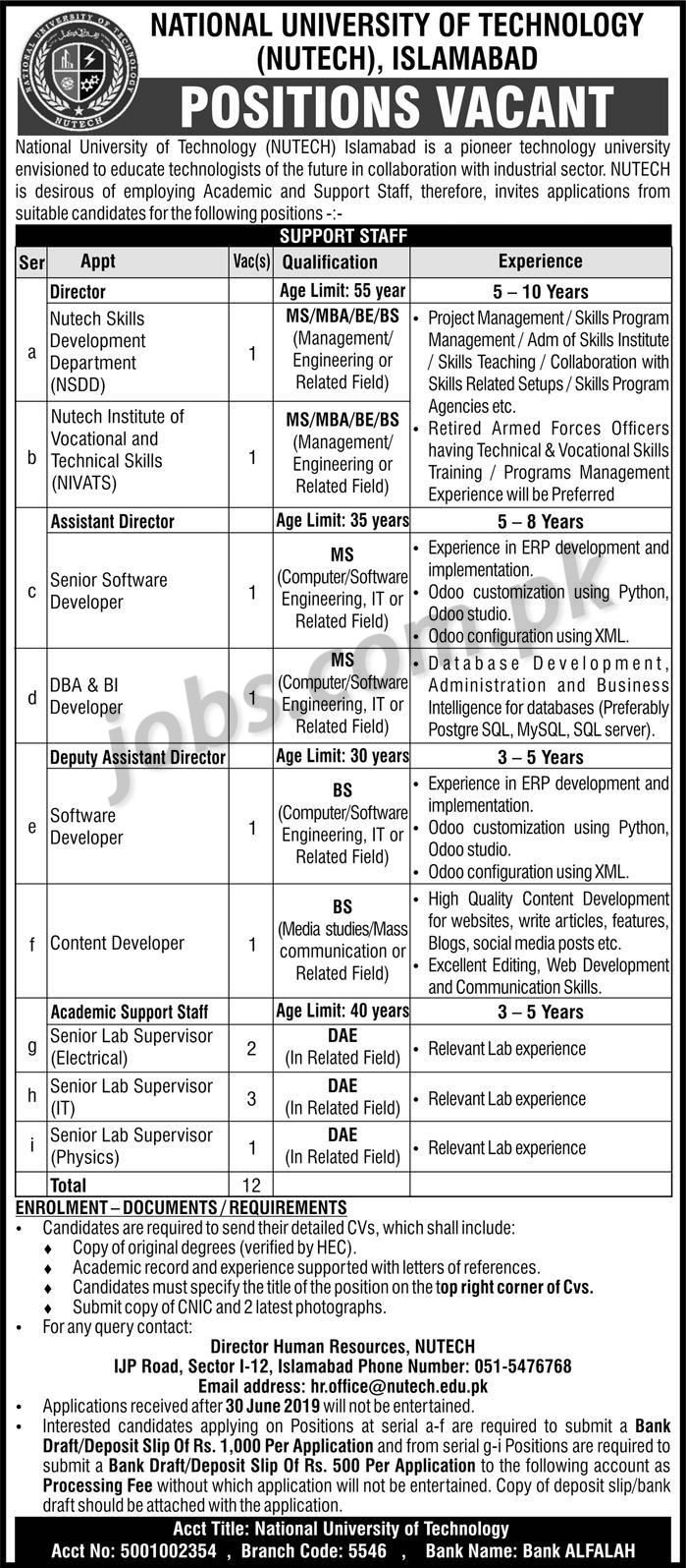 NUTECH Islamabad Jobs 2019 for 12+ IT, Academic Staff, Director, Assistant & Dy Director Posts