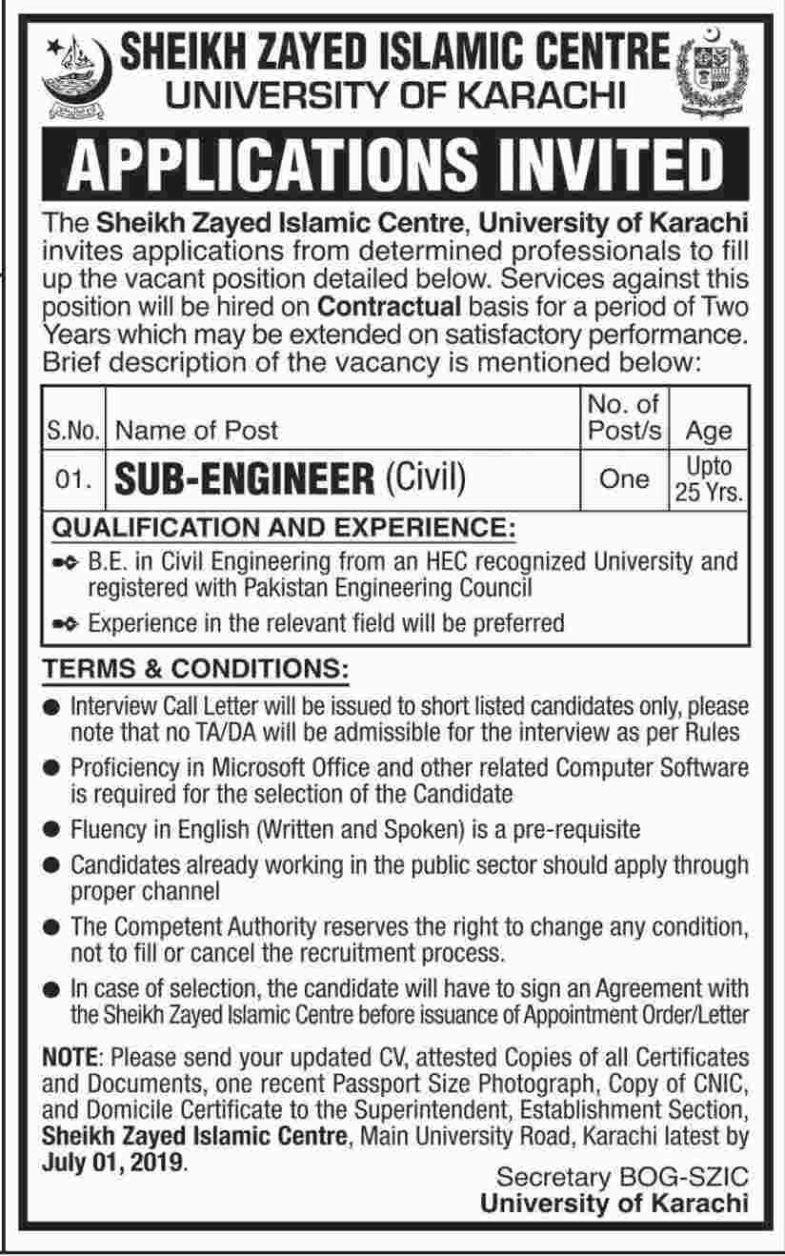 University of Karachi (UOK) Jobs 2019 for Sub-Engineer Posts at Sheikh Zayed Islamic Centre