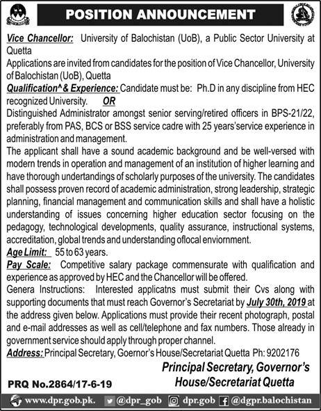 University of Balochistan Jobs 2019 for Vice Chancellor