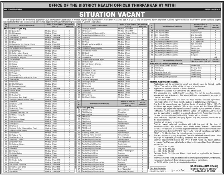 Health Department Sindh Jobs 2019 For 147+ Staff Nurses, Medical Officers & Specialists (Tharparkar / Mithi) 