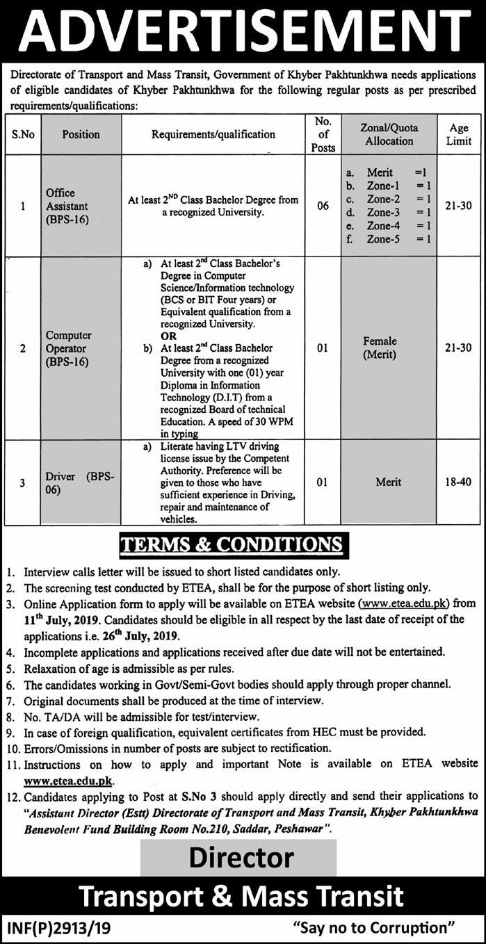 Directorate Of Transport & Mass Transit KP Jobs 2019 For 8+ Office Assistants, Computer Operator & Driver 