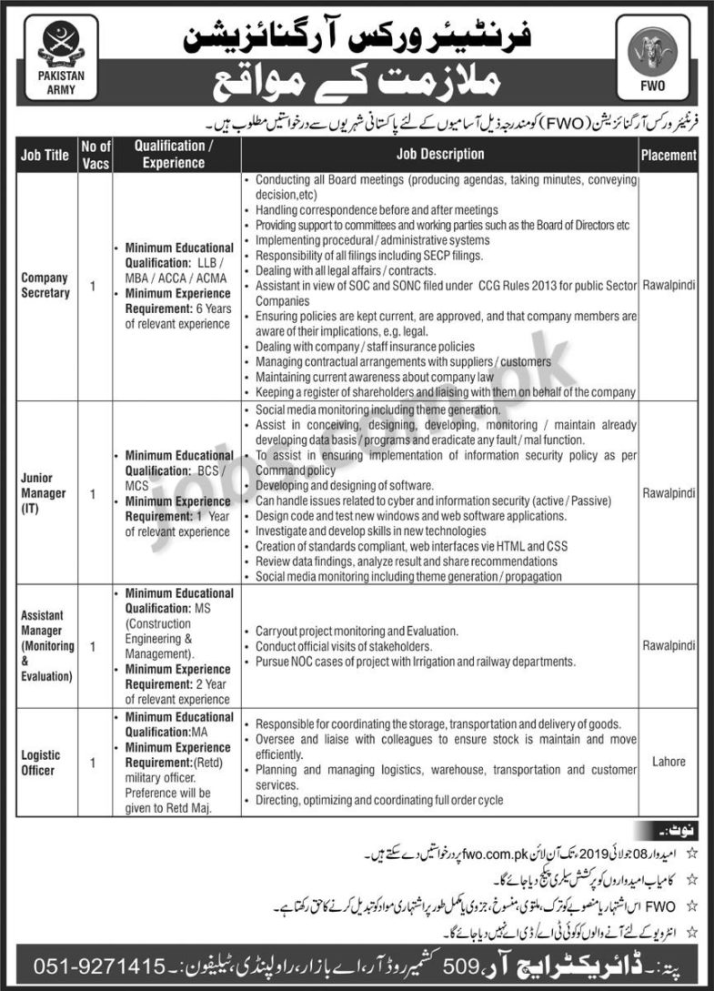Frontier Works Organization (FWO) Jobs 2019 For IT, Logistic, Monitoring & Evaluation & Company Secretary Posts 