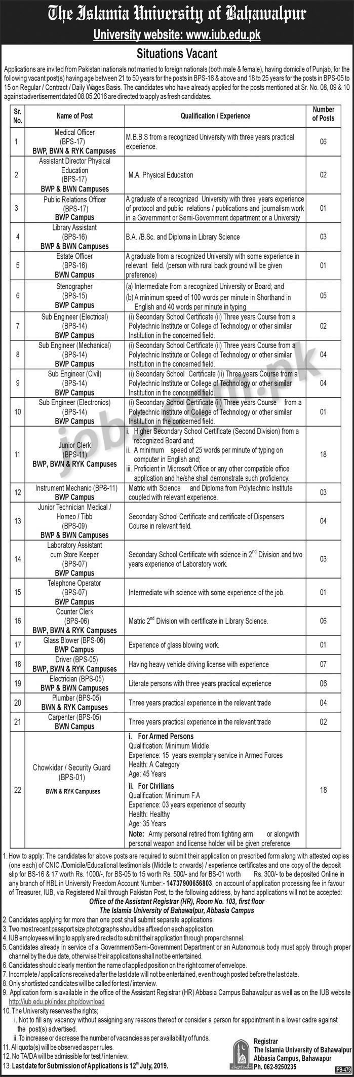 Islamia University of Bahawalpur Jobs 2019 for 102+ Admin, Clerks, Sub-Engineers, Medical, PRO & Other (Open Merit)