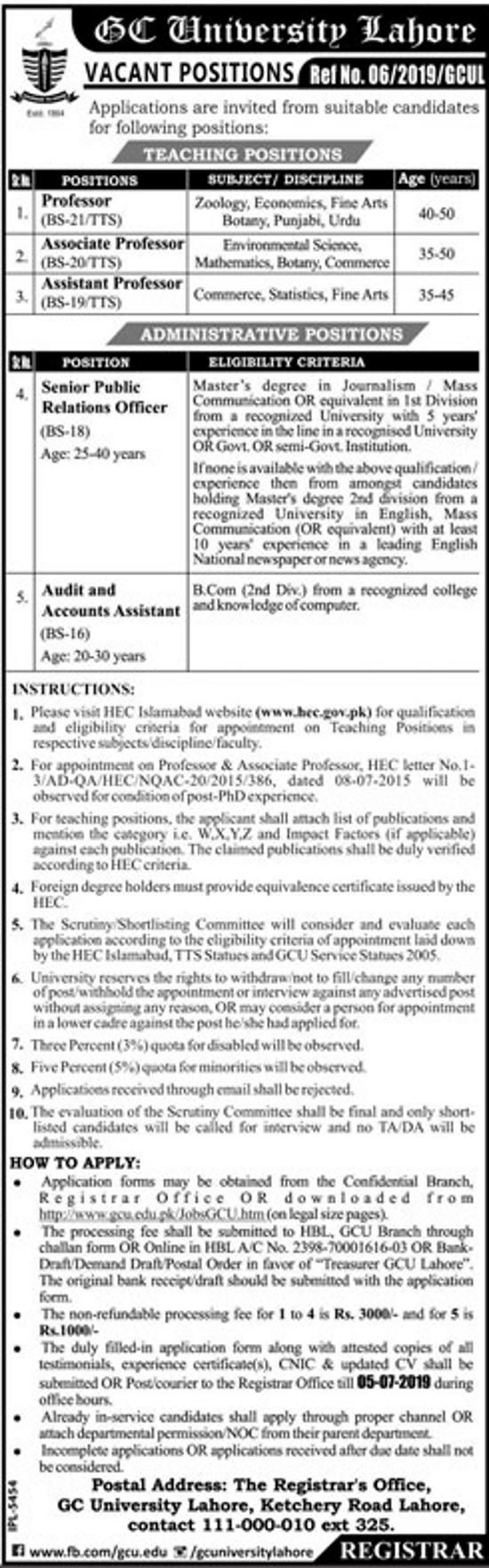 GC University Lahore Jobs 2019 for PRO, Accounts & Teaching Faculty