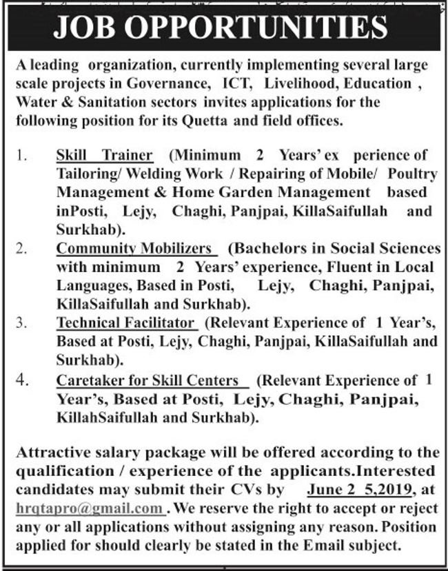 Quetta Organization Jobs 2019 for Trainers, Community Mobilizers, Technical Facilitator and Caretaker Posts