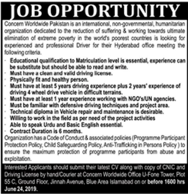 Concern Worldwide Pakistan NGO Jobs 2019 for Driver Posts