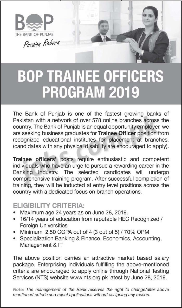 Bank Of Punjab (BOP) Internship / Trainee Officers Program 2019 