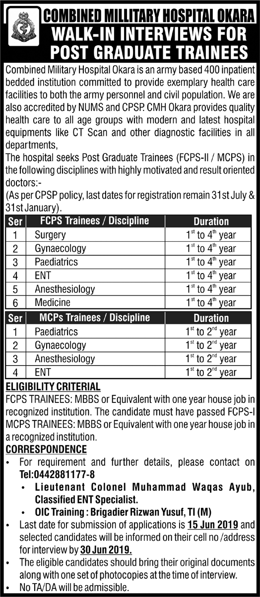 CMH Okara Post Graduate Training Program 2019/20 – Walk-in Interviews