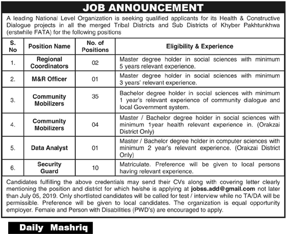 National NGO Jobs 2019 For 53+ Community Mobilizers, Coordinators, Data Analyst, M&R Officer, Security Guard
