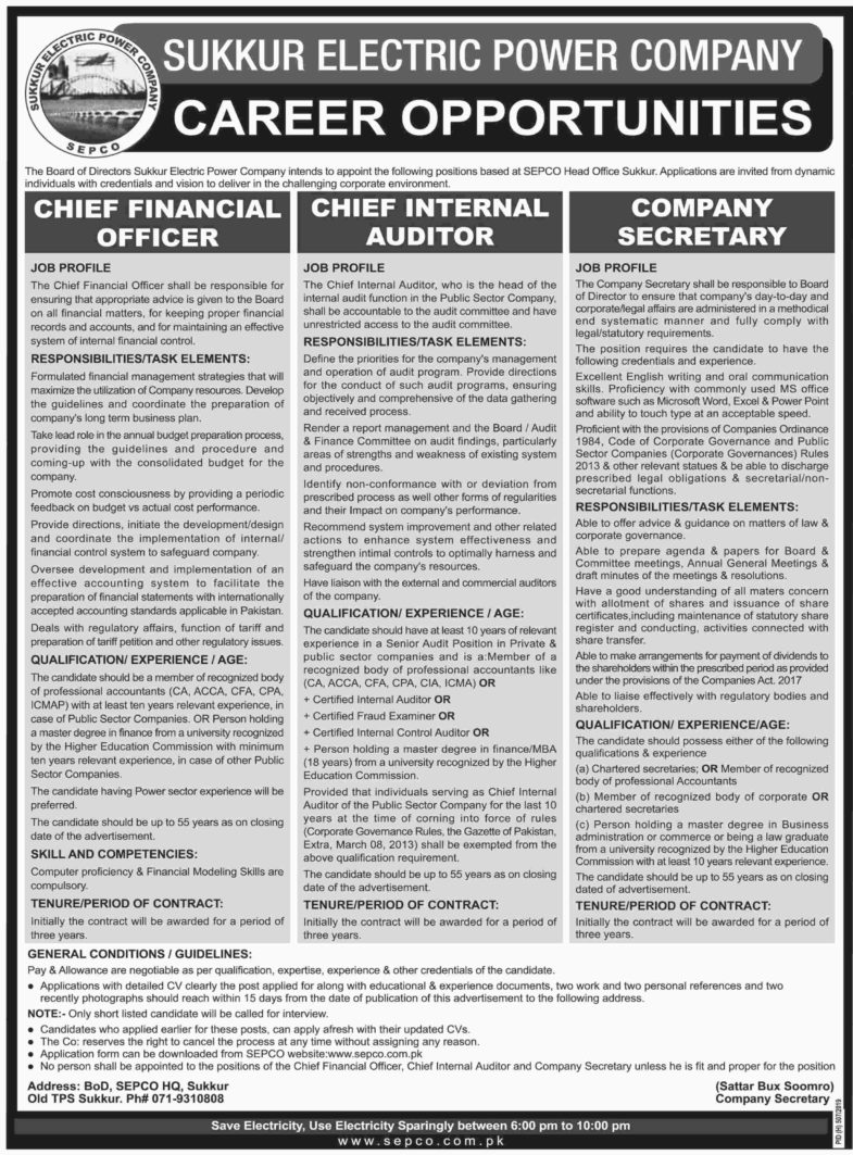 Sukkur Electric Power Company (SEPCO) Jobs 2019 For Management / Chief Finance Officer, Chief Internal Auditor & Company Secretary