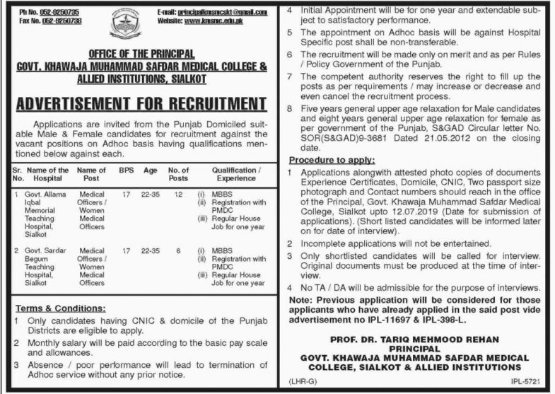 Govt Khawaja Muhammad Safdar Medical College/Institutes Sialkot Jobs 2019 For 18+ Medical Officers