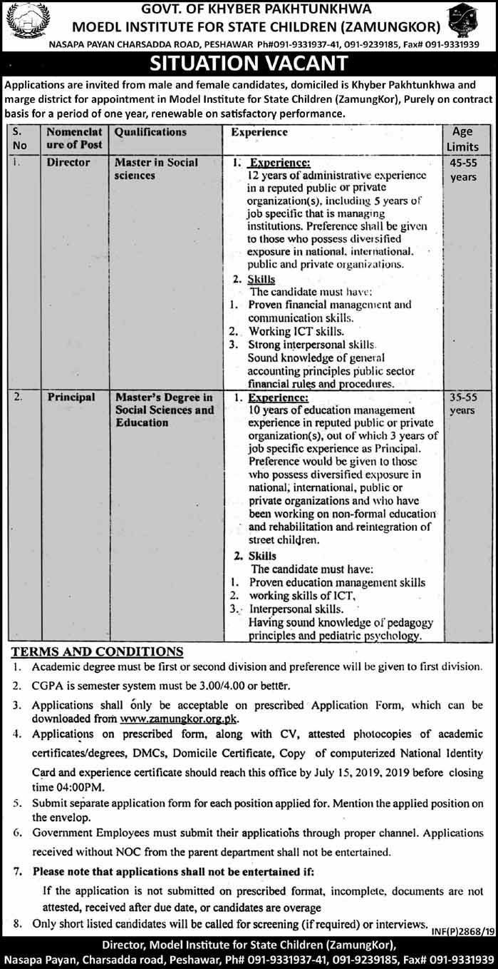 Model Institute for State Children (Zamung Kor) Jobs 2019 For Director & Principal Post