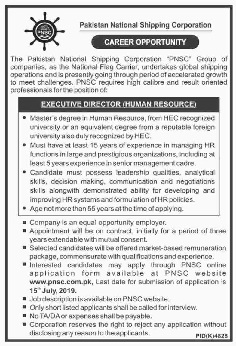 Pakistan National Shipping Corporation (PNSC) Jobs 2019 For HR Executive Director