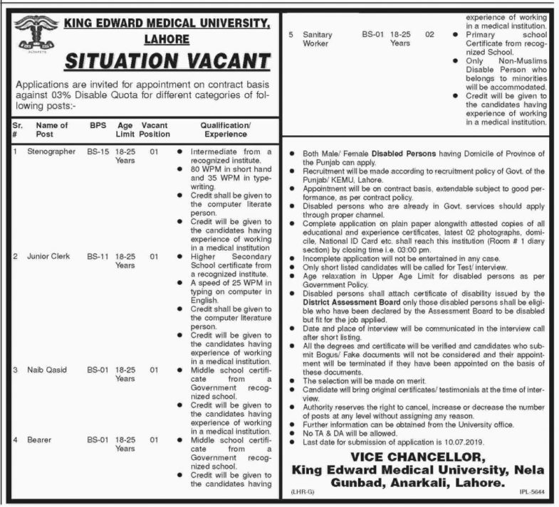 King Edward Medical University Lahore Jobs 2019 For Stenographer, Jr Clerk & Support Staff