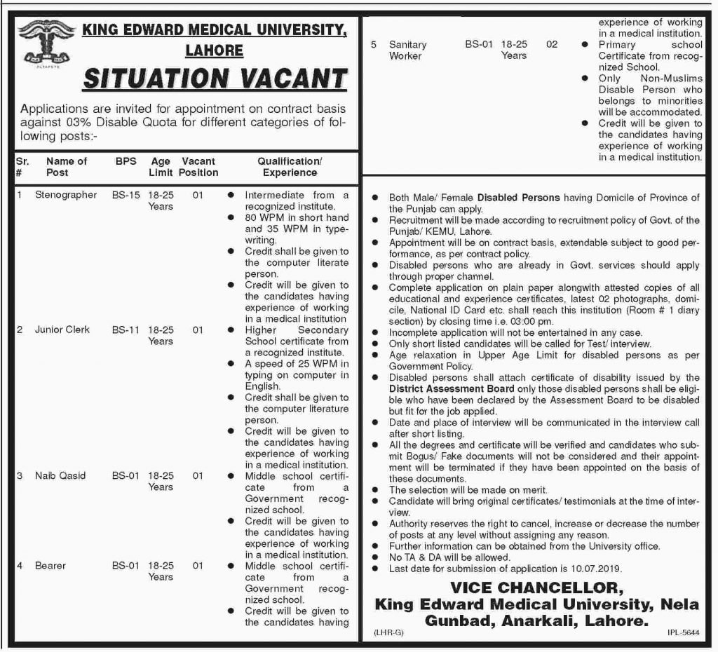 King Edward Medical University Lahore Jobs 2019 For Stenographer, Jr Clerk & Support Staff