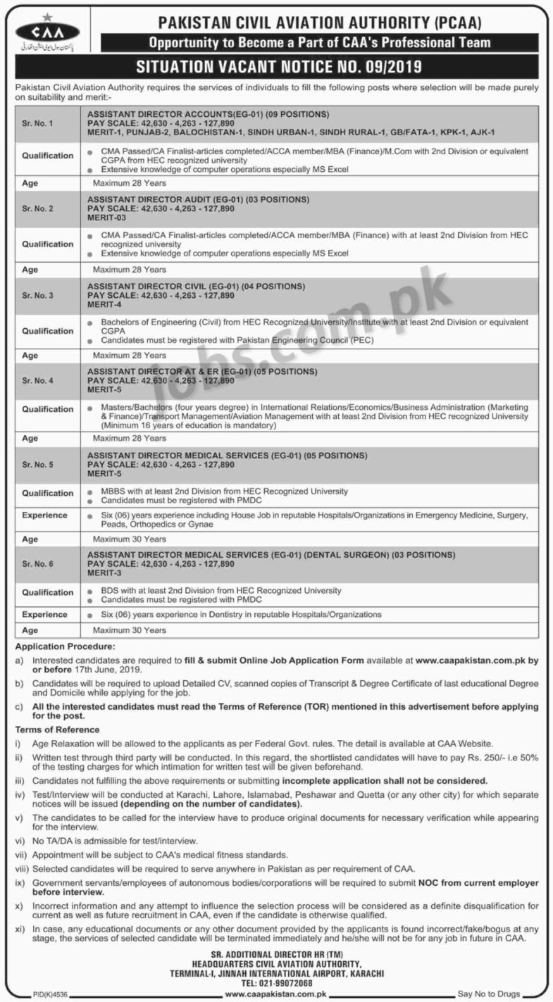 Pakistan Civil Aviation Authority (PCAA) Jobs 2019 for 29+ Posts (Multiple Categories)