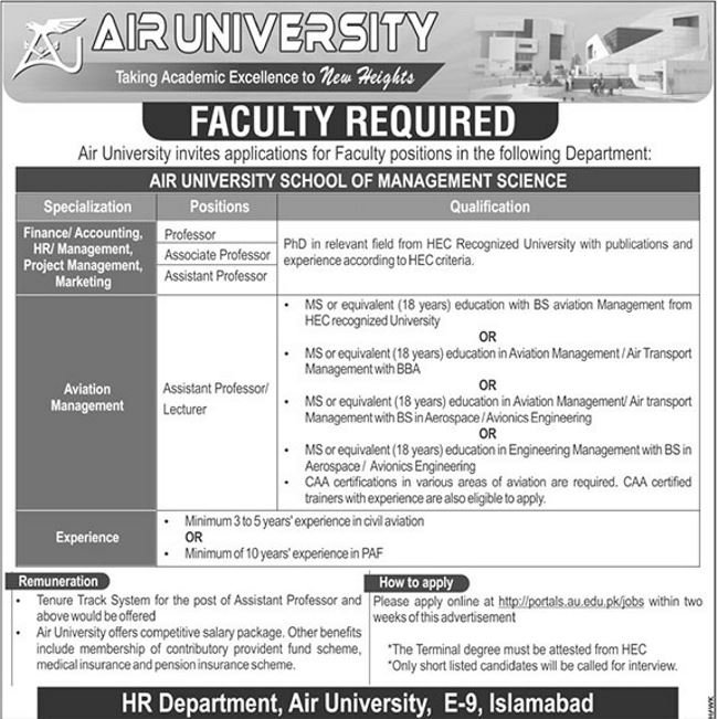 Air University Jobs 2019 for Teaching Faculty www.au.edu.pk