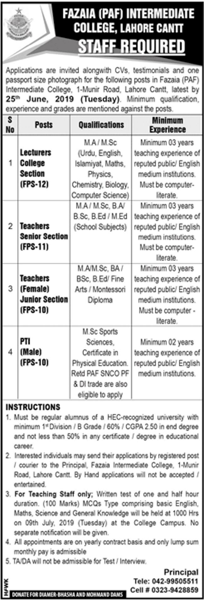 Fazaia (PAF) Intermediate College Lahore Jobs 2019 for Teachers, Lecturers & PTI