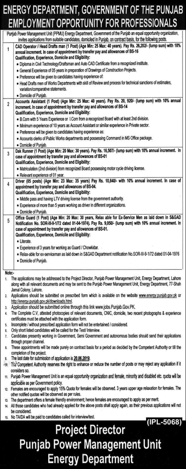 Energy Department Punjab Jobs 2019 for 9+ CAD Operator, Dak Runner, Accounts, Drivers & Support Staff