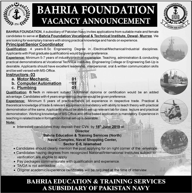 Bahria Foundation Jobs 2019 for Instructors, Principal and Coordinator