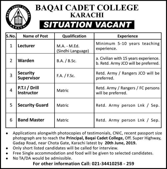 Baqai Cadet College Karachi Jobs 2019 For Teaching & Non-Teaching Staff