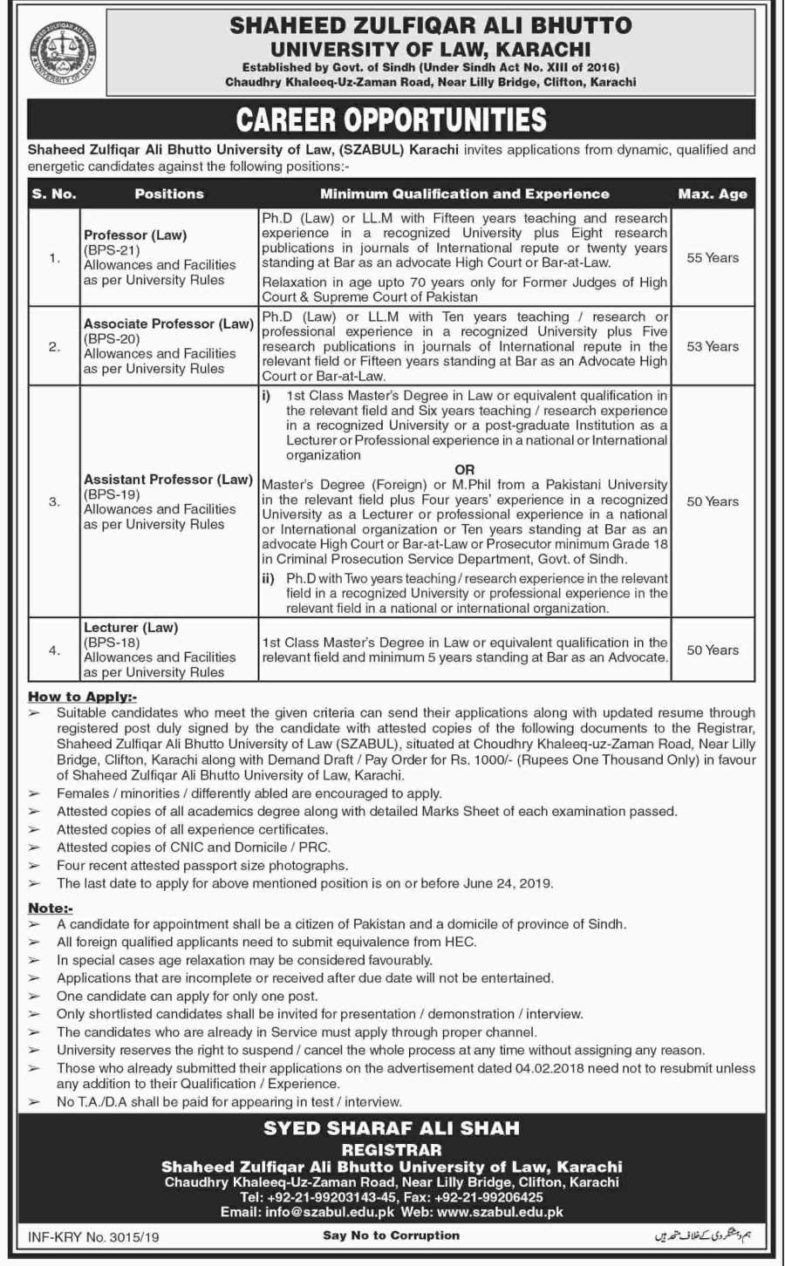Shaheed Zulfiqar Ali Bhutto University of Law (SZABUL) Jobs 2019 For Teaching Faculty