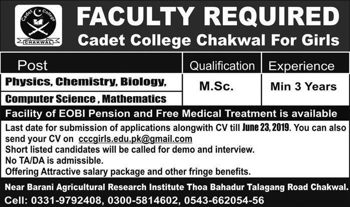 Cadet College Chakwal (Girls) Jobs 2019 For Teaching Faculty