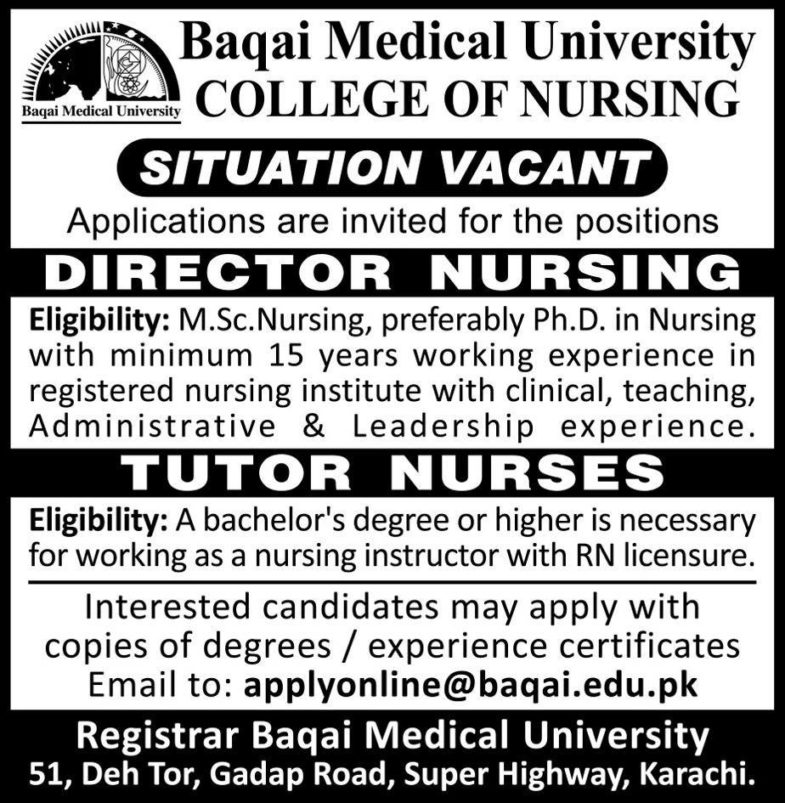 Baqai Medical University College Of Nursing Jobs 2019 For Staff Nurses, ICU/OT Technicians, Tutor Nurses & Other Posts