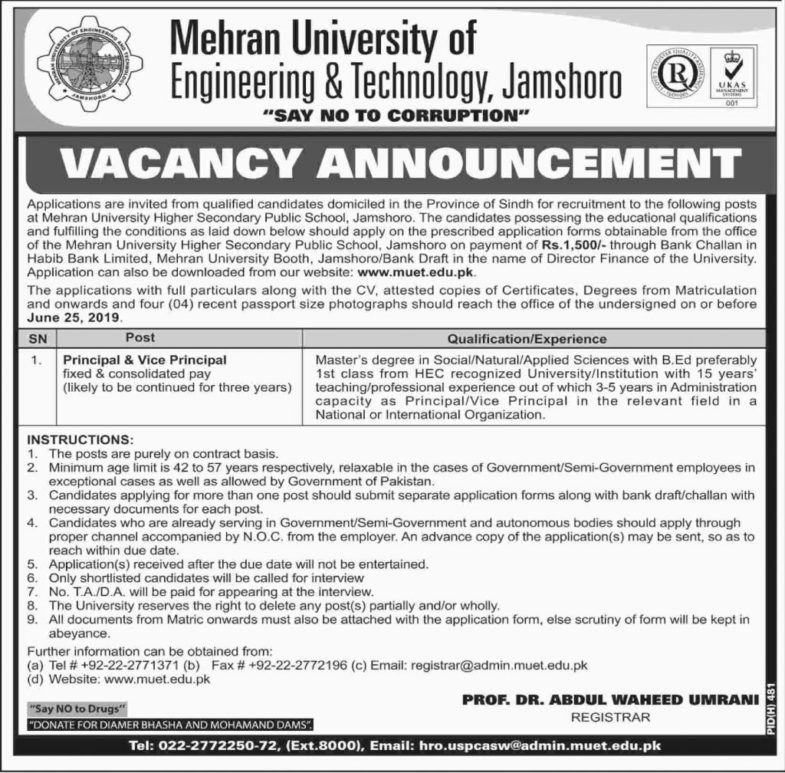 Mehran University Of Engineering & Technology Jamshoro Jobs 2019 For Principal & Vice Principal