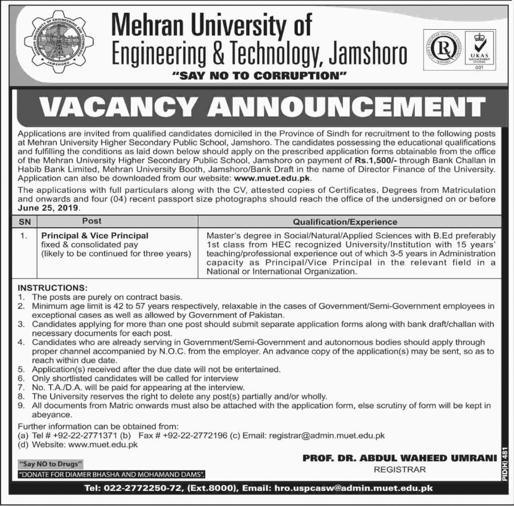 Mehran University Of Engineering & Technology Jamshoro Jobs 2019 For Principal & Vice Principal