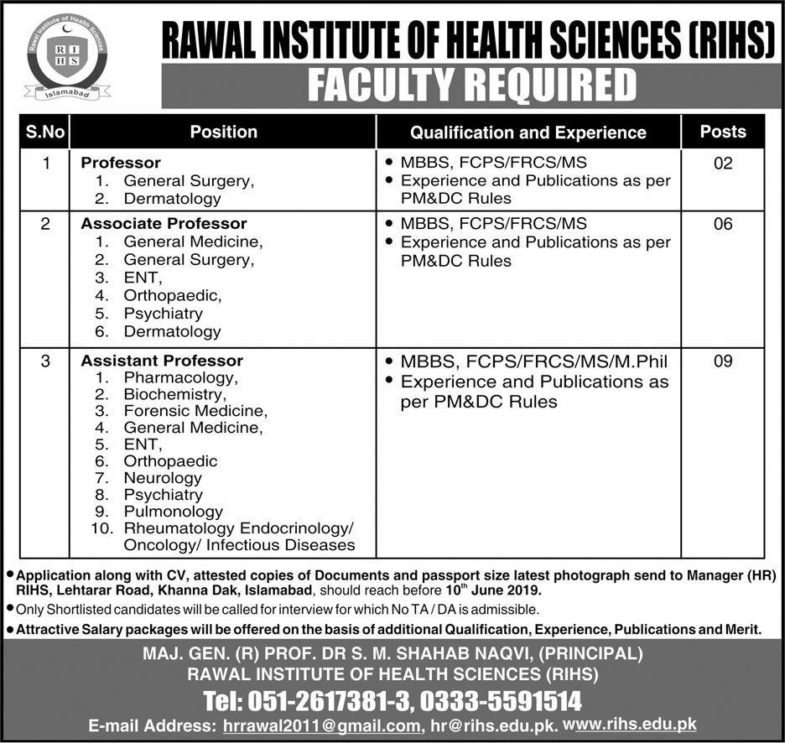 Rawal Insitute of Health Sciences (RIHS) Jobs 2019 for 17+ Teaching Faculty Posts