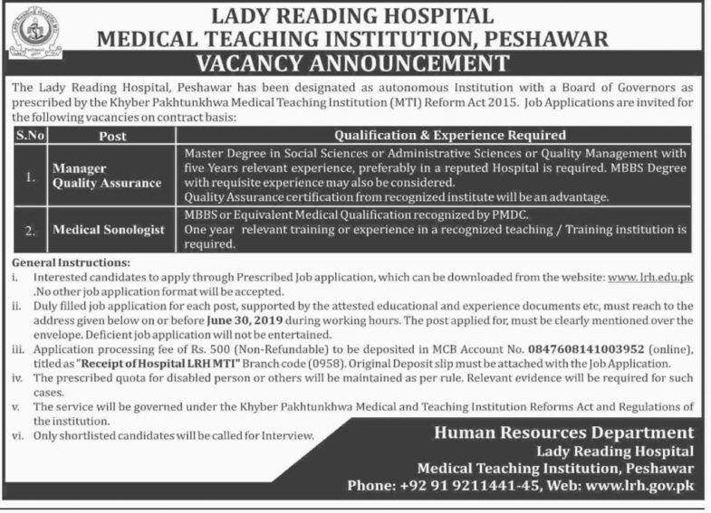 Lady Reading Hospital / LRH Jobs 2019 for Manager Quality Assurance and Medical Sonologist