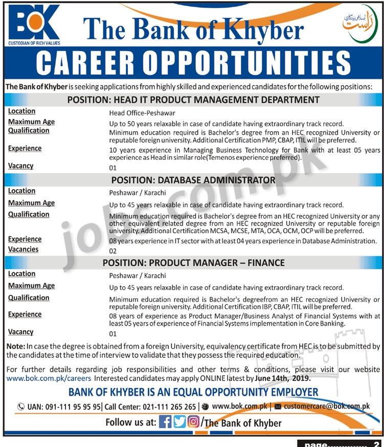 Bank of Khyber (BOK) Jobs 2019 for IT & Finance Posts