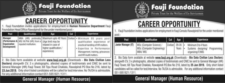 Fauji Foundation Jobs 2019 For Manager HR & Jr Manager IT