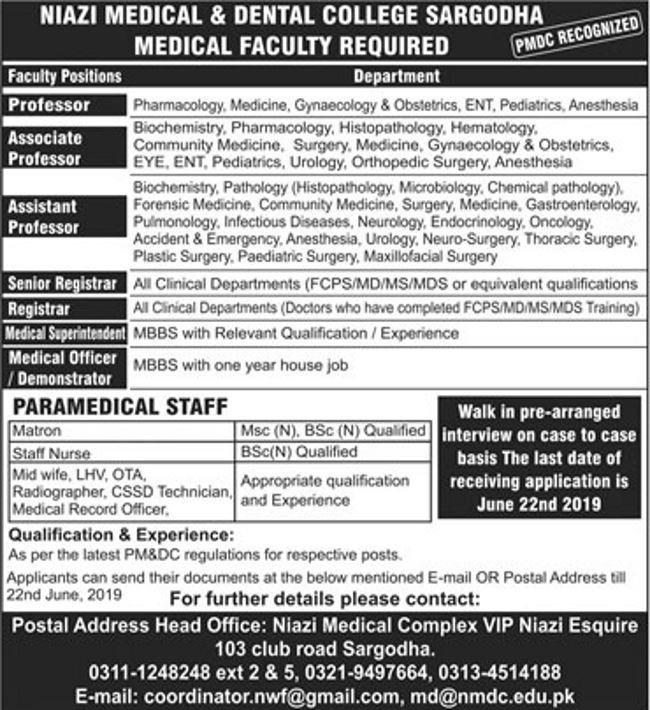 Niazi Medical & Dental College Sargodha Jobs 2019 for Medical & Teaching Staff