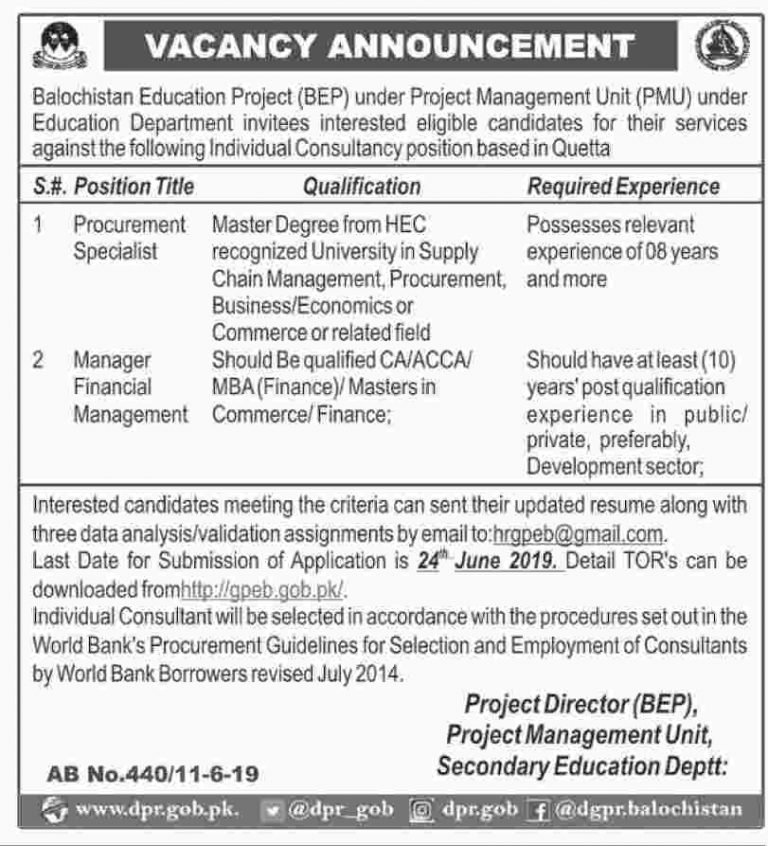 Balochistan Education Project Jobs 2019 For Procurement Specialist & Manager Financial Management