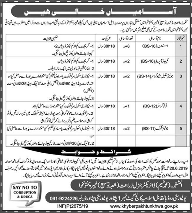 Agriculture Department KP Jobs 2019 For 15+ Assistants, Computer Operators, Jr Stenographers, Jr Clerks & Photographer 