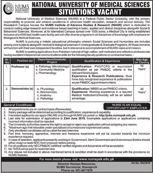 NUMS University Jobs 2019 For Demonstrator & Teaching Faculty 