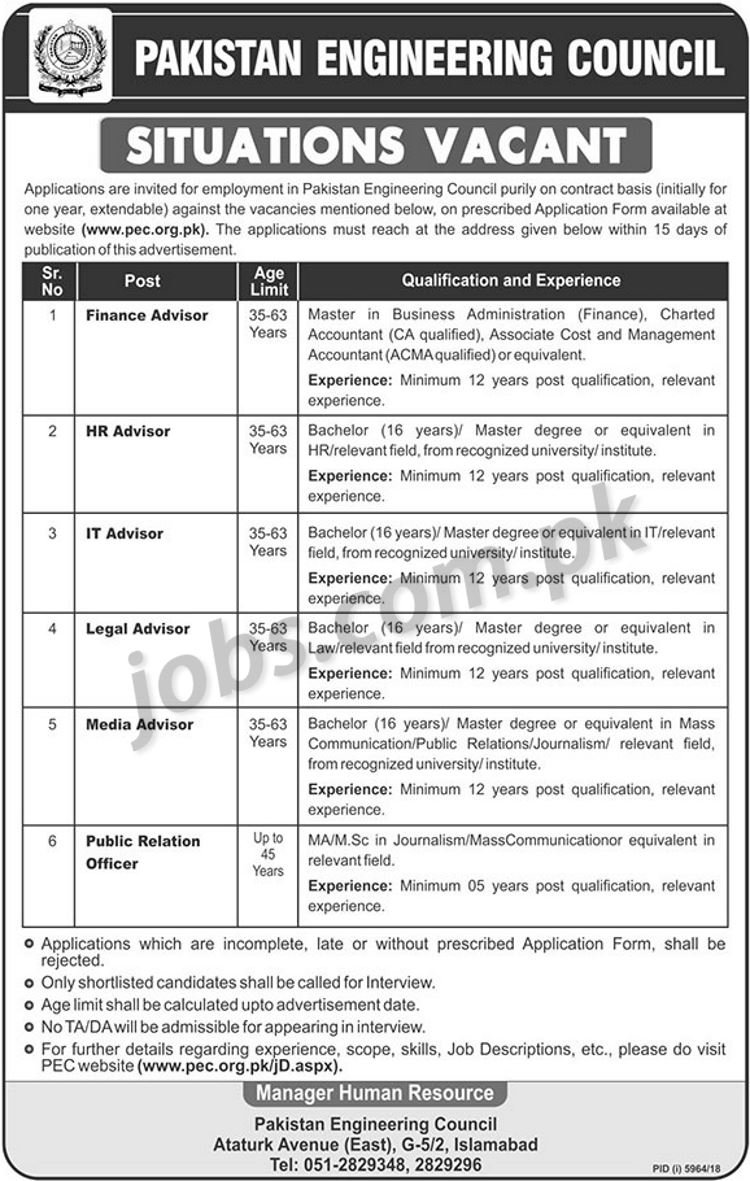 PEC Jobs 2019 For IT, HR, Finance, PRO, Advisors & Other Www.Pec.Org.Pk Apply Online