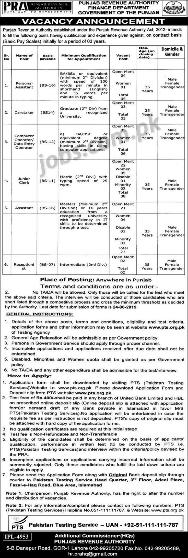 Punjab Revenue Authority (PRA) Jobs 2019 for 102+ Jr Clerks, Assistants, DEO & Other Posts (Download PTS Form)